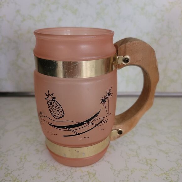 Vtg Siesta Ware Mugs Frosted Glass Hawaiian Tiki Mug w/ Wood Handle, 1960s Beach - Picture 2 of 3